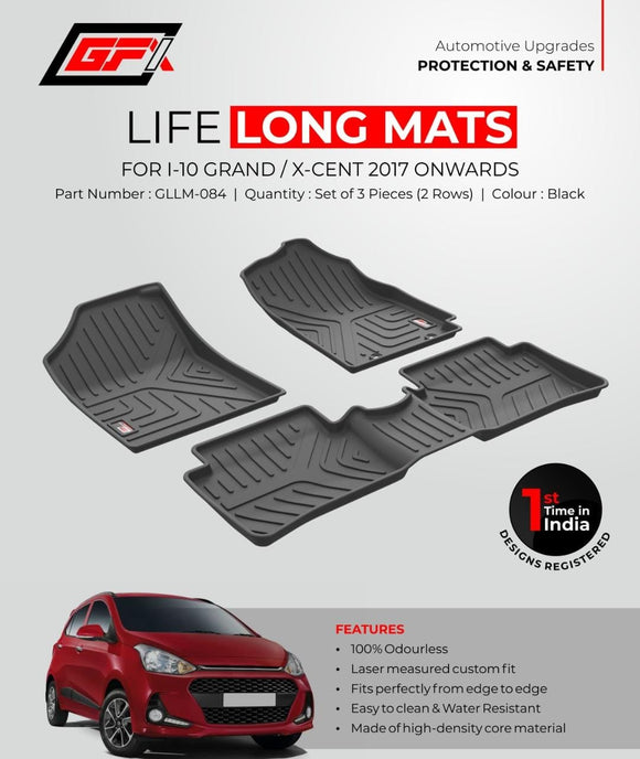 GFX Car Floor Mats Premium Life Long Foot Mats Compatible with Hyundai Grand i10 2017 Onwards, Black