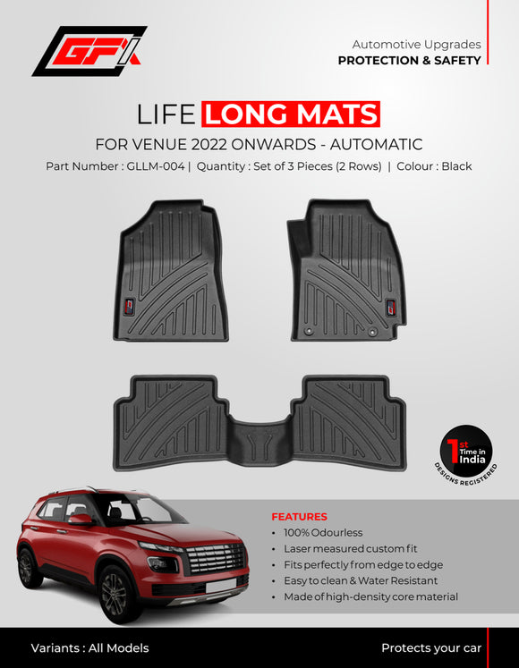 GFX Premium Life Long Car Foot TPV Mats Compatible with Venue 2022 Onwards - Black