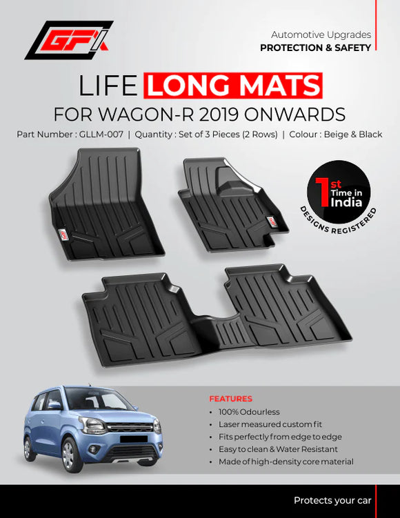 GFX Premium Life Long Floor Car Mats Compatible with Wagon-R 2019 Onwards - Black
