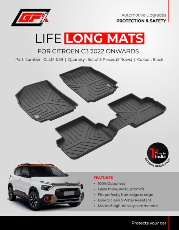 GFX Car Floor Mats Premium Life Long Foot Mats Compatible with Citroen C3 2022 Onwards