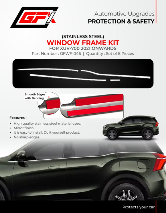 GFX Window Frame Kit Compatible With Mahindra XUV 700 - Chrome, Set of 6 Pcs.