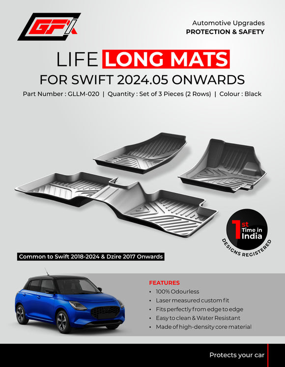 GFX Car Floor Mats Premium Life Long Foot Mats Compatible with Maruti Suzuki Swift 2024 Onwards, Black (Automatic/Manual)