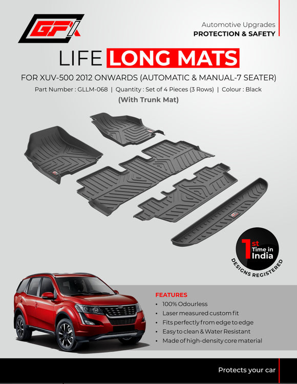 GFX Life Long Foot Mats Compatible with Mahindra XUV 500 including Trunk Mat - Set of 5 pcs.