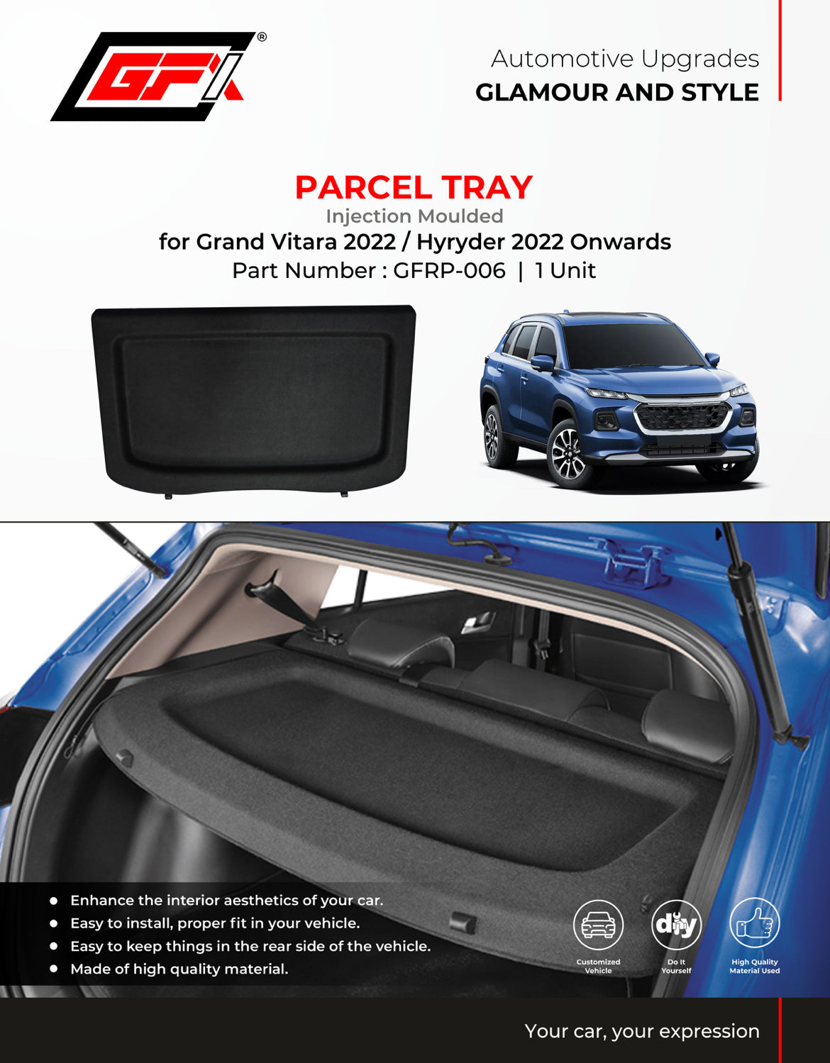 GFX Injection Moulded Parcel Tray Compatible With Grand Vitara 2022  Onwards, Unit