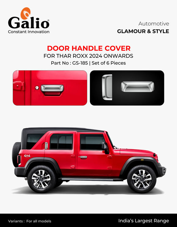 Galio Chrome Garnish Door Handle Cover Compatible With Mahindra Thar Roxx 2024 - Set of 6 pcs.