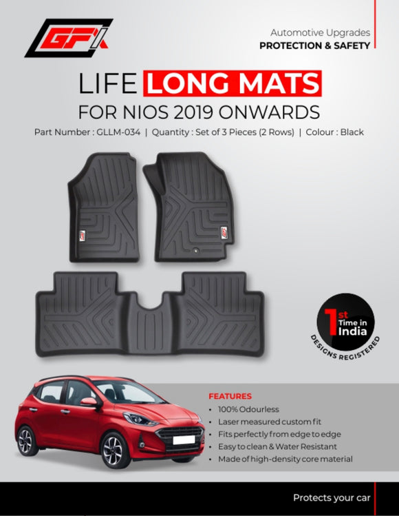 GFX Car Floor Mats Premium Life Long Foot Mats Compatible with Hyundai Grand i10 Nios 2019 Onwards, Black