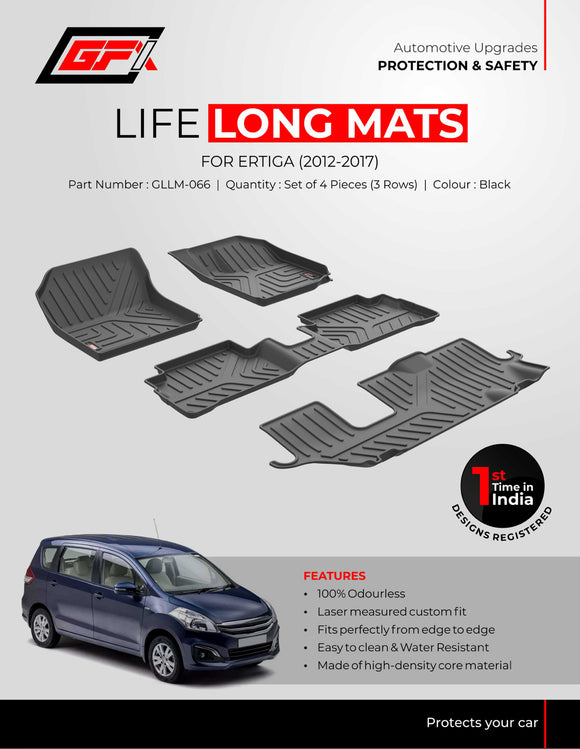 GFX Car Floor Mats Premium Life Long Foot Mats With Trunk Mat Compatible with Maruti Suzuki Ertiga (2012-2017), Black