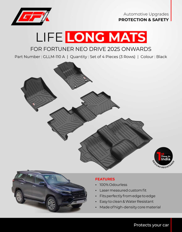 GFX Life Long Floor Mats Compatible with Toyota Fortuner NEO DRIVE 2025 Onwards, Automatic