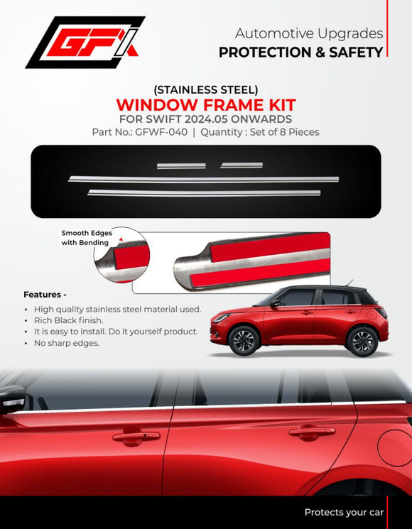 GFX Window Frame Kit Compatible With Maruti Suzuki Swift 2024 Onwards- Chrome, Set of 8 Pcs.