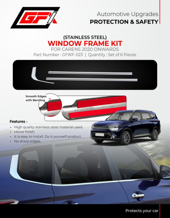 GFX Window Frame Kit Compatible With Kia Carens  - Chrome, Set of 6 Pcs.