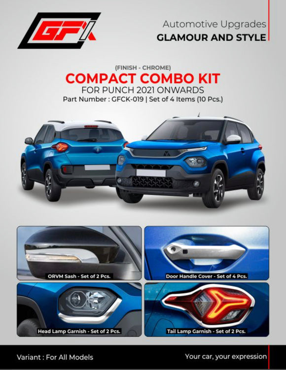 GFX Chrome Finish Compact Combo Kit Compatible With Tata Punch 2021 Onwards - Set of 4 Items (10 pcs.)