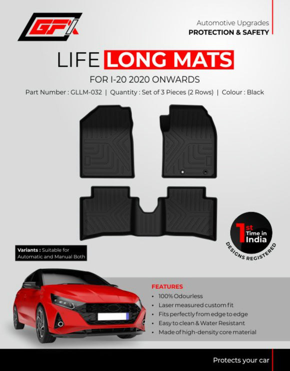 GFX Car Floor Mats Premium Life Long Foot Mats Compatible with Hyundai i20 2020 Onwards, Black