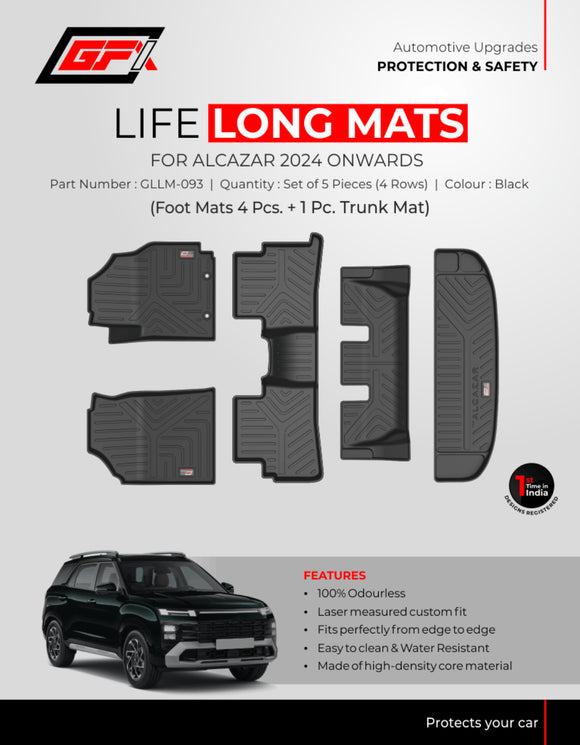 GFX Car Life Long Floor Mats Compatible with Hyundai Alcazar 2024 Onwards (With Trunk Mats), Set of 5 Pcs.