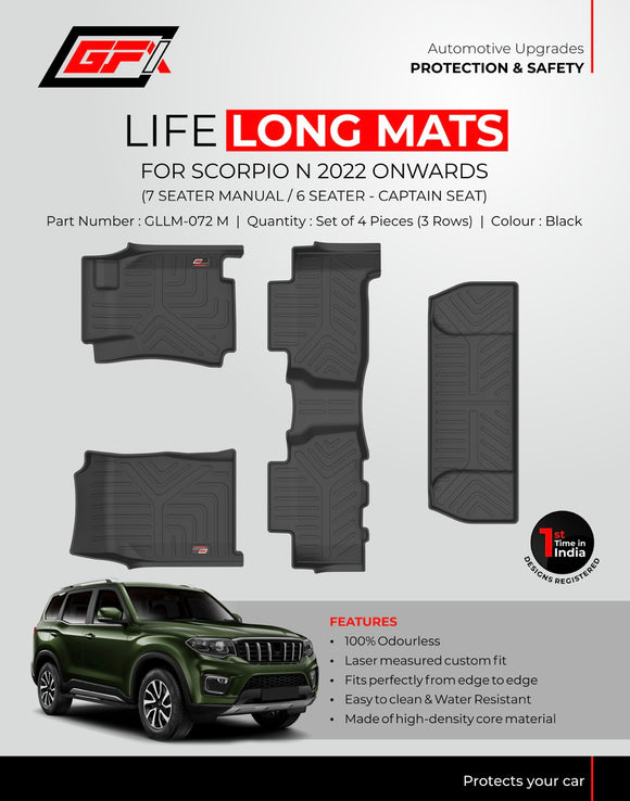 GFX Car Floor Mats Premium Life Long Foot Mats With Trunk Mat Compatible with Mahindra Scorpio N  2022 Onwards (Manual), Black