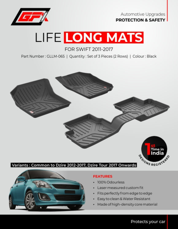 GFX Car Floor Mats Premium Life Long Foot Mats Compatible with Maruti Suzuki Swift (2011-2017), Black (Automatic/Manual)