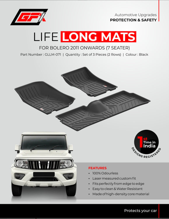 GFX Life Long Car Floor Mats Compatible With Bolero 2011 Onwards (Black)