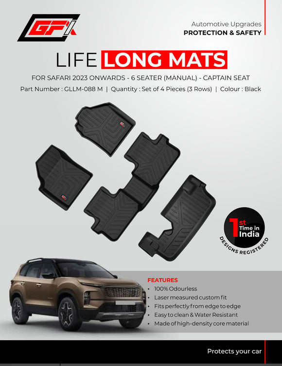 GFX Car Floor Mats Premium Life Long Foot Mats Compatible with Tata Safari 2023 6 Seater Manual 2023 Onwards(Black), TPV