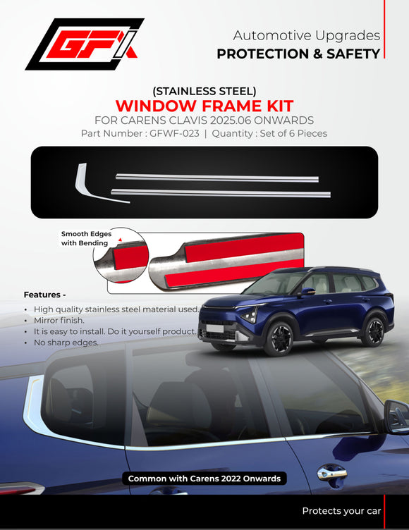 GFX Window Frame Kit Compatible With Kia Carens Clavis 2025 Onwards - Chrome, Set of 6 Pcs.