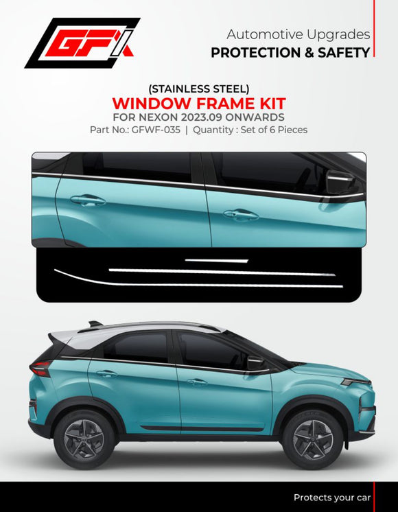 GFX Window Frame Kit Compatible With TATA Nexon 2023 Onwards - Chrome, Set of 6 Pcs.