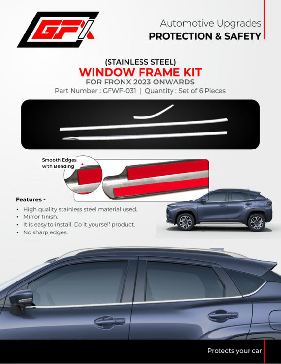 GFX Window Frame Kit Compatible With Maruti Suzuki Fronx 2023 Onwards - Chrome, Set of 6 Pcs.