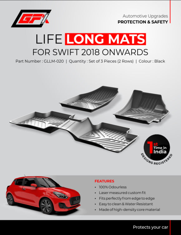 GFX Car Floor Mats Premium Life Long Foot Mats Compatible with Maruti Suzuki Swift 2018 Onwards, Black (Automatic/Manual)