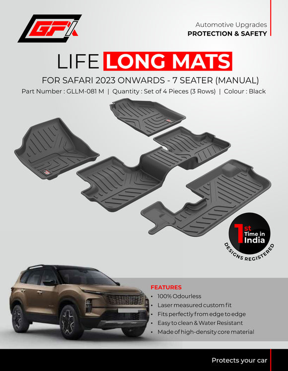 GFX Car Floor Mats Premium Life Long Foot Mats Compatible with Tata Safari 7 Seater, Manual 2023 Onwards (Black), TPV