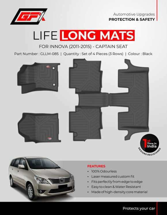 GFX Car Floor Mats Premium Life Long Foot Mats Compatible with Toyota Innova (2006-2015) 7 Seater Manual (Black)