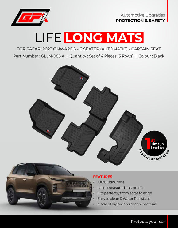 GFX Car Floor Mats Premium Life Long Foot Mats Compatible with Tata Safari 6 Seater Automatic 2023 Onwards (Black), TPV
