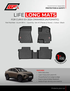 GFX Car Floor Mats Premium Life Long Foot Mats Compatible with TATA Curvv EV 2024 Onwards, Set Of 3 Pcs.