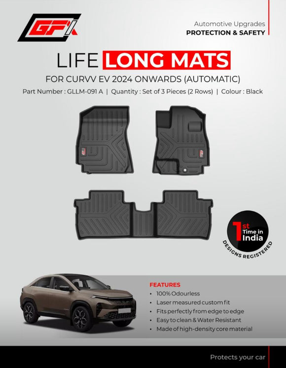 GFX Car Floor Mats Premium Life Long Foot Mats Compatible with TATA Curvv EV 2024 Onwards (Automatic), Set Of 3 Pcs.