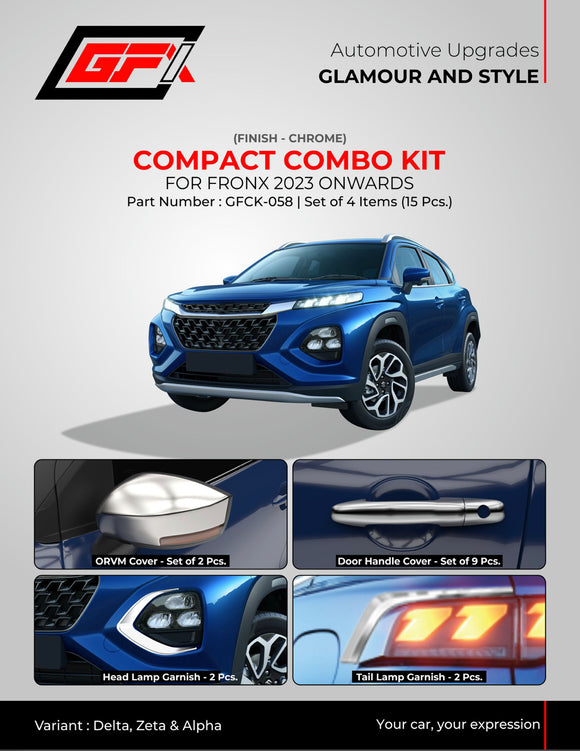 GFX Chrome Finish Compact Combo Kit Compatible With Maruti Suzuki Fronx 2023 Onwards - Set of 4 Items (15 pcs.)