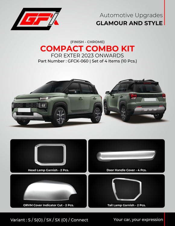 GFX Chrome Finish Compact Combo Kit Compatible With Hyundai Exter 2023 Onwards - Set of 4 Items (10 pcs.)