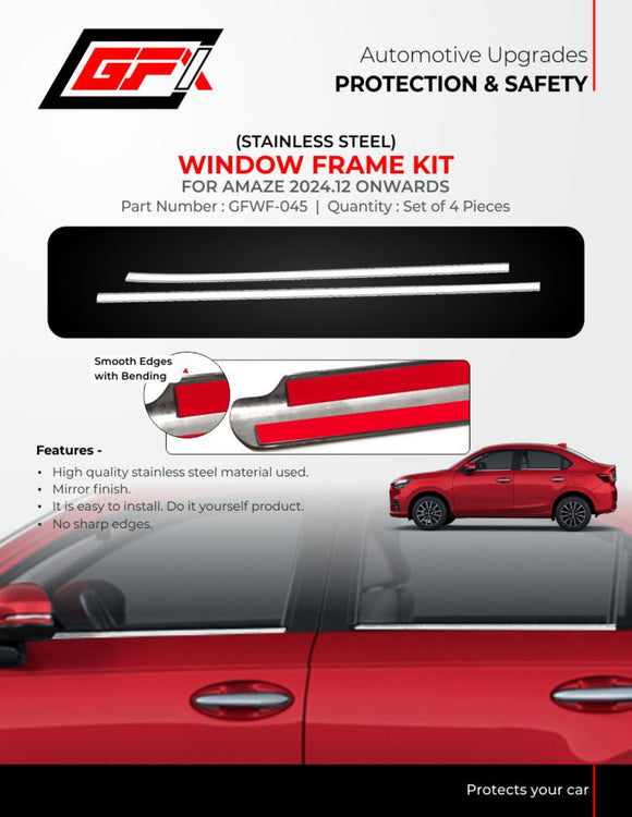 GFX Window Frame Kit Compatible With Honda Amaze 2024 Onwards - Chrome, Set of 4 Pcs.