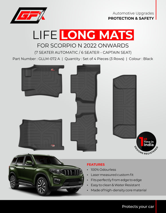 GFX Car Floor Mats Premium Life Long Foot Mats With Trunk Mat Compatible with Mahindra Scorpio N  2022 Onwards (Automatic), Black