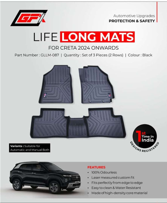 GFX Premium Life Long Car Floor Mat Compatible with Creta 2024 Onwards (Black), Manual & Automatic