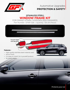 GFX Window Frame Kit Compatible With Maruti Suzuki Vitara 2022 Onwards - Chrome, Set of 6 Pcs.