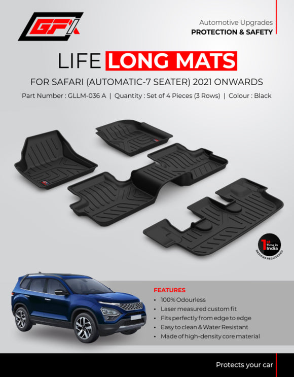 GFX Car Floor Mats Premium Life Long Foot Mats Compatible with Tata Safari  (2021-2022) 7 Seater Automatic  (Black), TPV