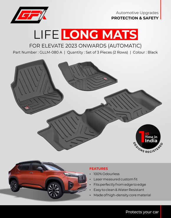 GFX Car Floor Mats Premium Life Long Foot Mats Compatible with Honda Elevate 2023 Onwards, Automatic Transmission (Black)