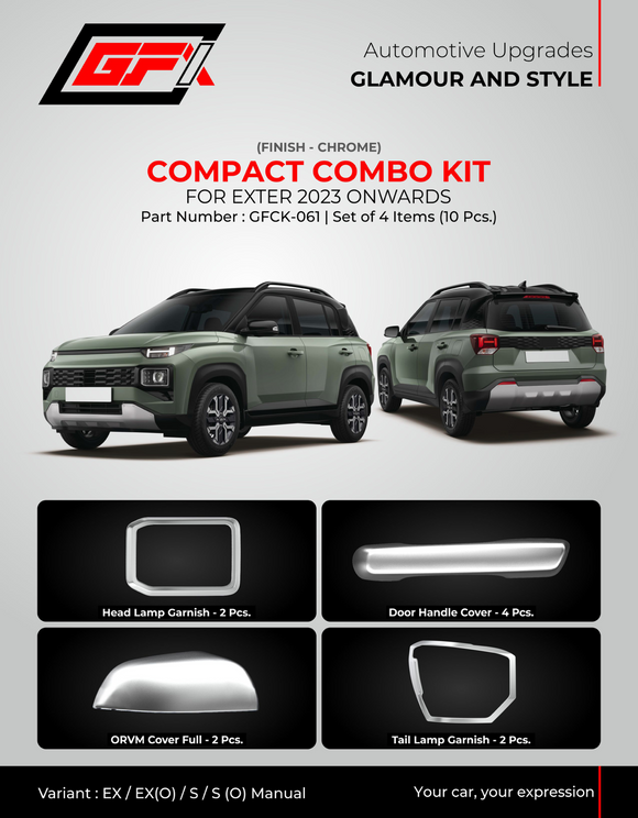 GFX Chrome Finish Compact Combo Kit Compatible With Hyundai Exter 2023 Onwards - Set of 4 Items (10 pcs.)