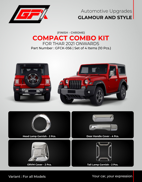 GFX Chrome Finish Compact Combo Kit Compatible With Mahindra Thar 2021 Onwards - Set of 4 Items (10 pcs.)