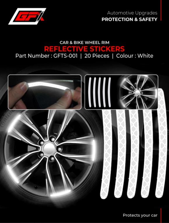 GFX Universal Car & Bike White Wheel Rim Reflective Stickers, 20 Pieces