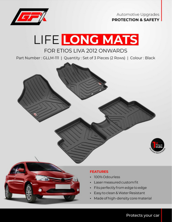 GFX Car Life Long Floor Mats Compatible with Toyota Liva 2012 Onwards, Black