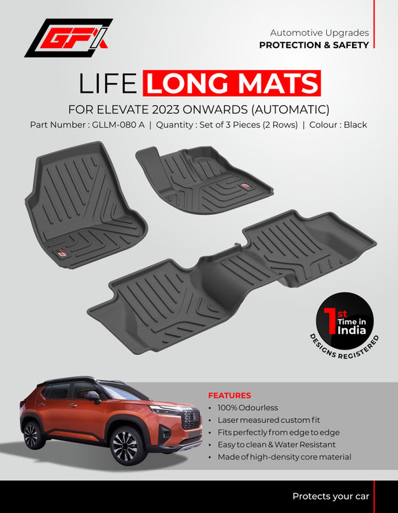 GFX Car Floor Mats Premium Life Long Foot Mats Compatible with Honda Elevate 2023 Onwards (Black), Automatic Transmission