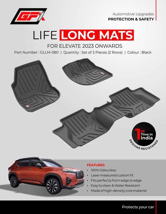 GFX Car Floor Mats Premium Life Long Foot Mats Compatible with Honda Elevate 2023 Onwards, Manual Transmission (Black)