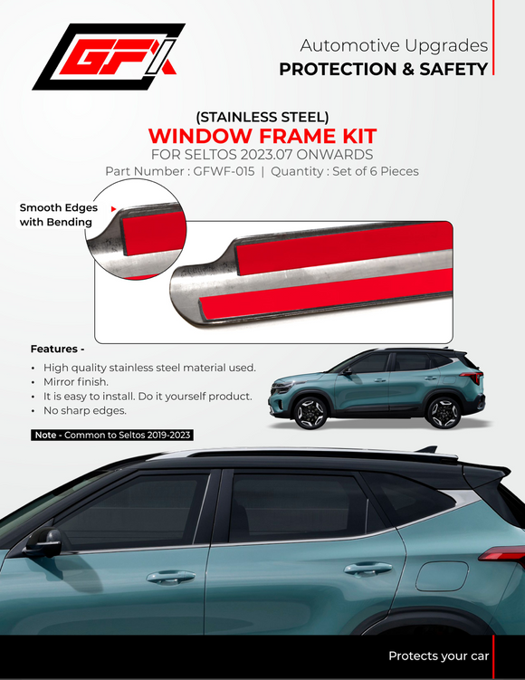 GFX Window Frame Kit Compatible With Kia Seltos 2023 Onwards - Chrome, Set of 6 Pcs.