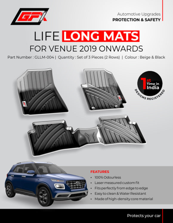 GFX Premium Life Long Car Foot TPV Mats Compatible with Hyundai Venue 2019 Onwards - Black