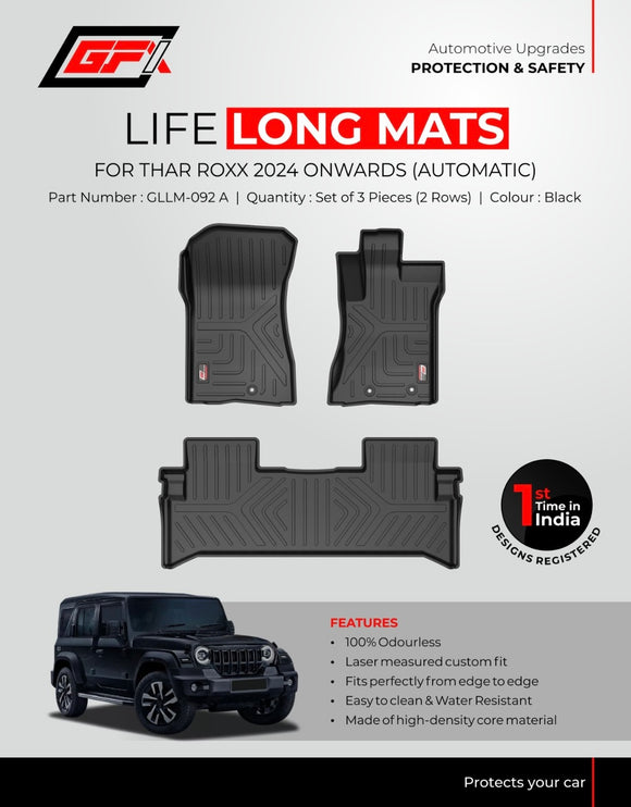 GFX Car Floor Mats Premium Life Long Foot Mats Compatible with Mahindra Thar Roxx 2024 Onwards (Automatic), Set Of 3 Pcs.