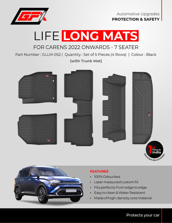GFX Car Floor Mats Premium Life Long Foot Mats Compatible with Kia Carens 2022 Onwards - 7 Seater, Trunk Mats Included
