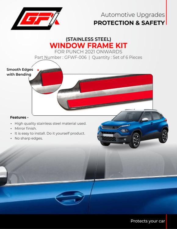 GFX Window Frame Kit Compatible With Tata Punch 2021 Onwards - Chrome, Set of 6 Pcs.