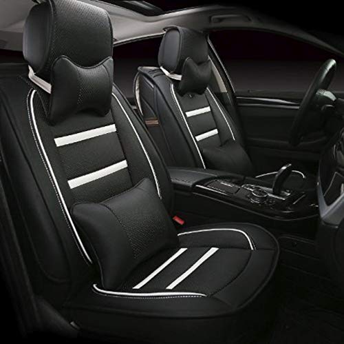 Leatherette Custom Fit Front and Rear Car Seat Covers Compatible with Hyundai Aura, (Black/White)